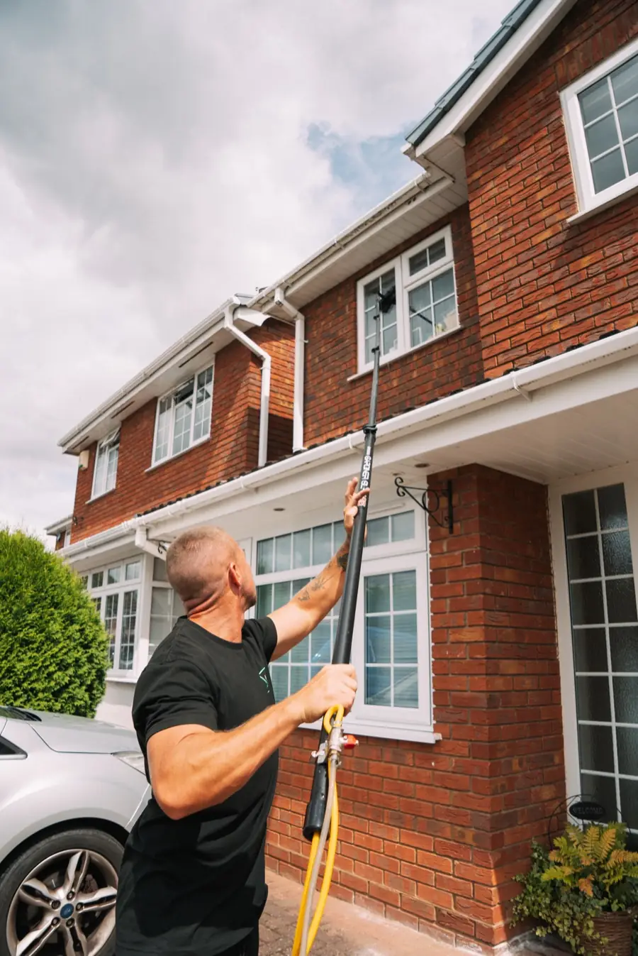 Ant cleaning a first-floor window with a water-fed pole, brush on the glass