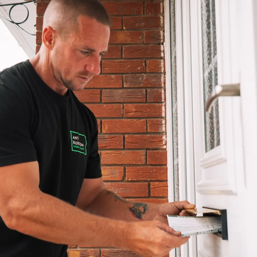 Ant posting an Ant Burton Window Cleaning service card through a letterbox
